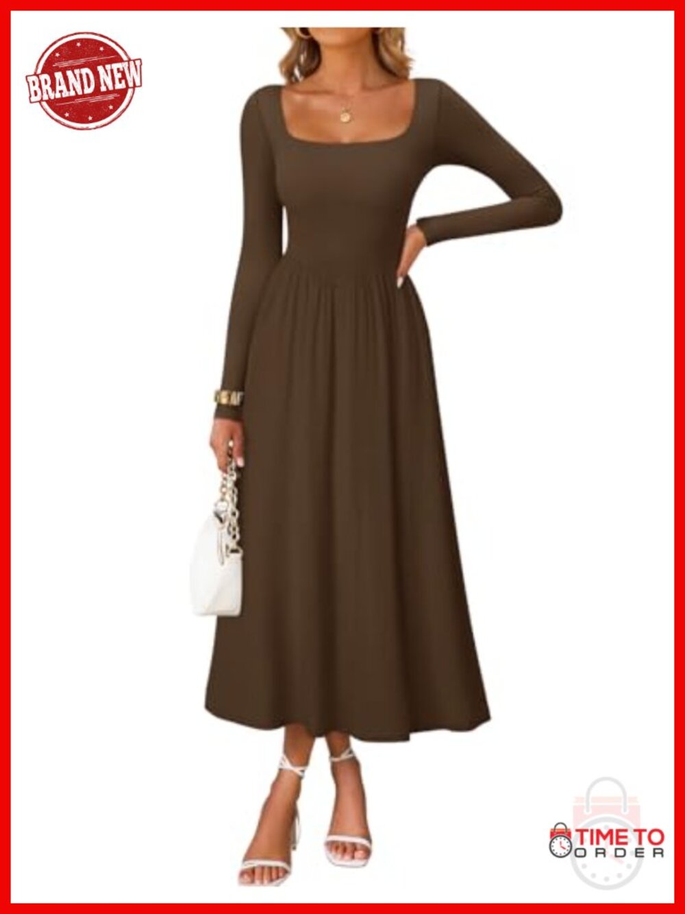 ZESICA Long Sleeve Midi Dress Square Neck Fit & Flare Fall Women's